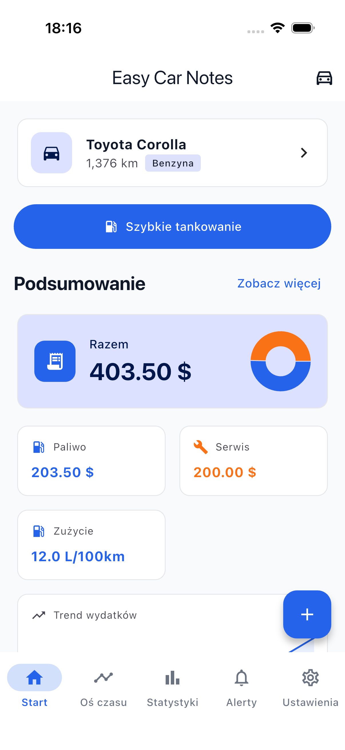 Ekran główny pokazujący panel pojazdu z ostatnimi wydatkami i szybkimi akcjami