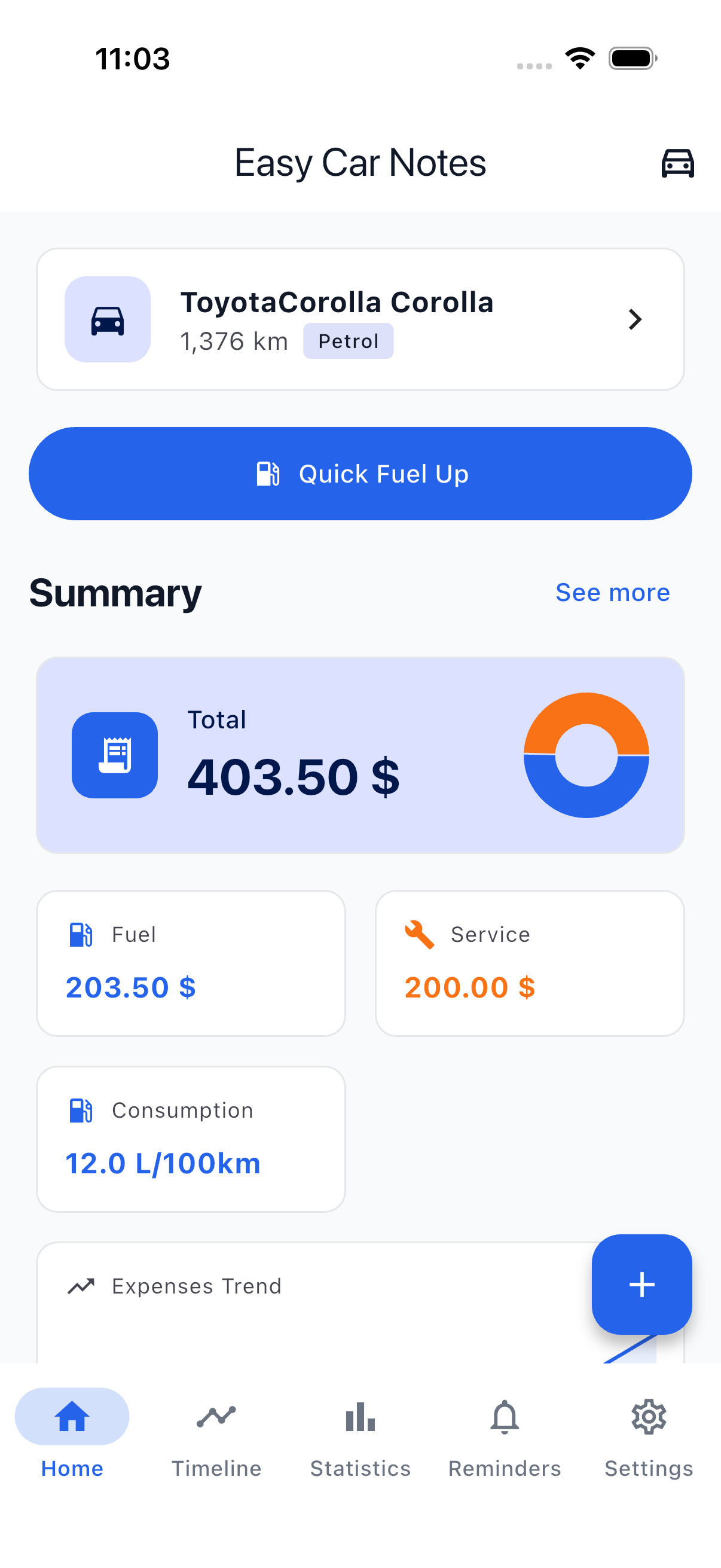 Home screen showing vehicle dashboard with recent expenses and quick actions