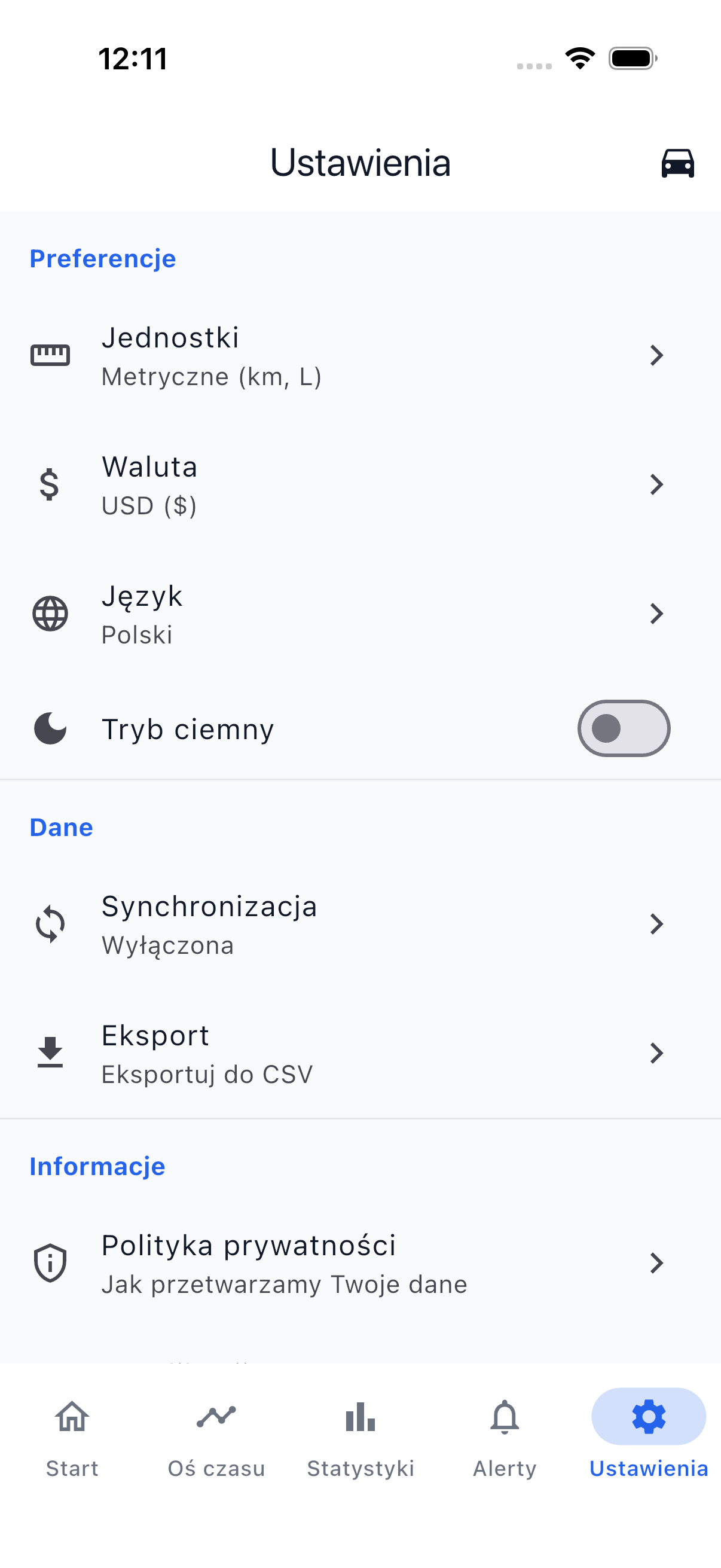 Ekran ustawień do personalizacji aplikacji i eksportu danych