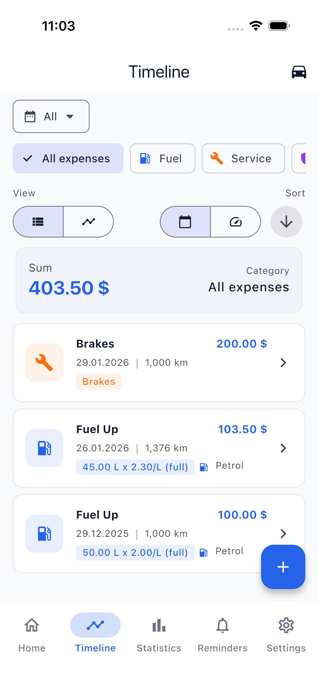 Timeline view showing chronological list of all vehicle expenses